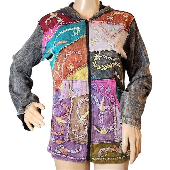 Embroidered Patchwork washed out zip up hooded sweatshirt. Size large. - Picture 1 of 16